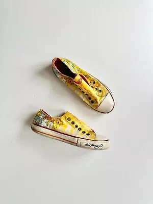 Kids' ED HARDY Yellow Koi Fish Patent Canvas Laceless Slip-On Sneakers Size 5 • $25