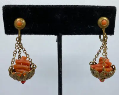 Antique Vintage Spezatti Branch Coral Earrings Dangling Baskets Full Screw-Backs • $95