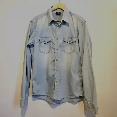 Dickies Denim Shirt Size XL Acid Wash Cotton Long Sleeve Wooden Buttons Men's • £16.90