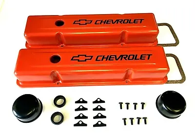 Chevrolet Steel Valve Covers Orange STOCK HEIGHT Chevy Engine Dress Up 283-400  • $97.50