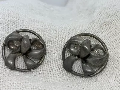 2 Huge Antique Pewter Buttons Flower Bow Within Circle Matching 1 1/2  • $8