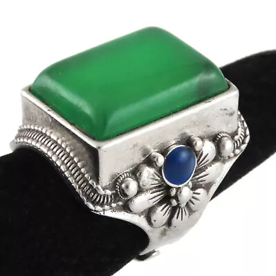 LARGE VINTAGE CHINESE GREEN JADE SILVER MEN RING  - Size: 10.5 • $89.99