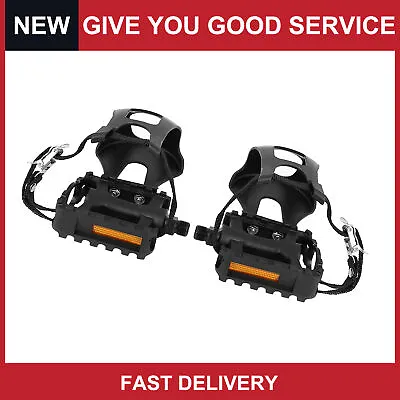 Universal Bike Pedals 9/16'' Spindle Platform W/ Toe Clips Foot Strap Pack Of 2 • $18.20
