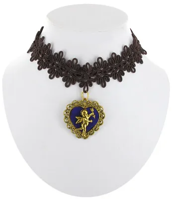 $13.59 • Buy Gothic Steampunk Brown Lace Cupid Heart Blue Pendant Choker Necklace Vintage 15 