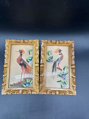 2 Mexican Feather Craft Hand Painted Art Vintage Bird Pictures Carved Wood Frame • $36.99