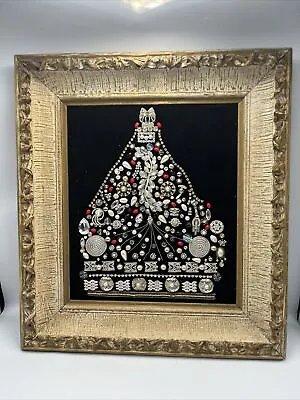 Vintage Rhinestone Jewelry Christmas Tree Framed Art 19”x17” Broken Jewelry Art • $99.99