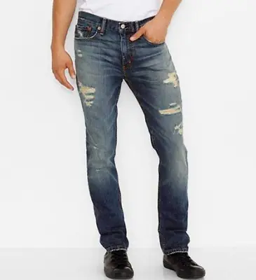 Levi's 511 Men's Slim Fit Destroyed Denim Jeans Blue Barnacle Ripped • $37