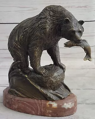 Bronze Animal Collection Bear Eating Fish With Marble Base Figurine Hand Made • $209.50