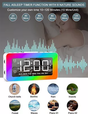 Digital Dual Alarm Clock With LED RGB Night Light White Noise Machine USB Charge • $26.99