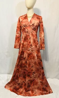 Vintage 1970’s Maxi Dress Rust Medium Floral Long Sleeved Date Mate • $57.48