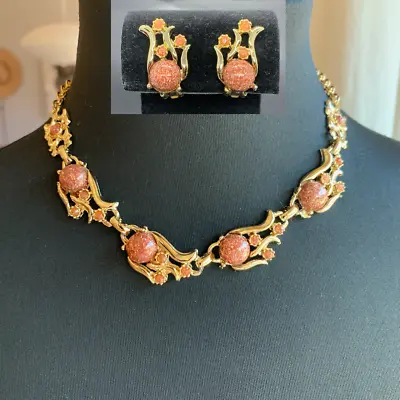 Vintage Mid Century Gold Tone Goldstone Aventurine Necklace Clip On Earrings Set • $39