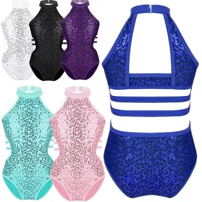 UK Kids Girls Halter Sequins Bodysuit Ballet Dance Gymnastics Leotard Dancewear • £11.26