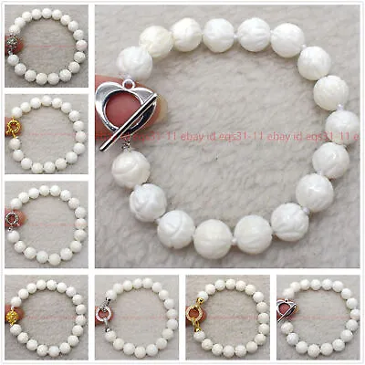Natural 10/12mm White Coral Carving Gemstone Beads Bracelet 7.5  Multiple Clasp • $5.99