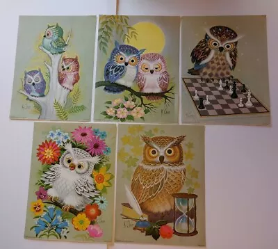 Vintage 1973 SET 5 Different K CHIN OWL Prints 9  X 12  Lithograph Donald Art Co • $24.99