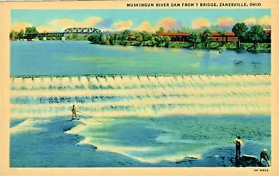 Postcard Muskingum River Dam From Y Bridge In Zanesville Ohio Fishing. E2 • $3.99