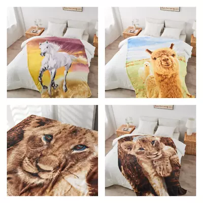 3D Animal Print Throw Llama Horse Cub Faux Fur Blanket 150x200 Bed Sofa Fleece • £10.50