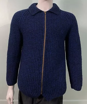 Handmade Hand Knit Vintage Cowichan Cardigan Full TALON ZIP Sweater Blue Black • $20