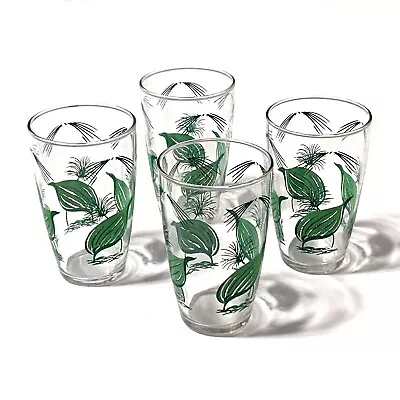 Libbey Mid Century Modern Clear With Green Leaves 8 Oz. Tumblers Set Of 4 • $17.99