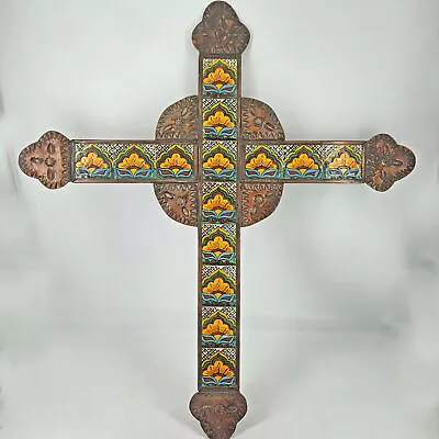 Vintage Talavera Tile Punched Tin Copper Folk Art Cross Mexico 19  • $38