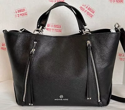 MICHAEL KORS Brooklyn Large Black Leather Silver Shoulder Grab Tote Bag • $259.98