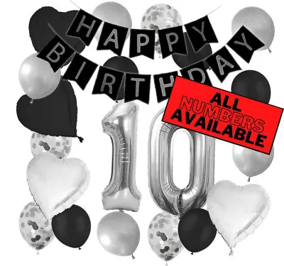 10th Birthday Decorations - Silver And Black Theme - Balloons Banner - Him Her • £19.29