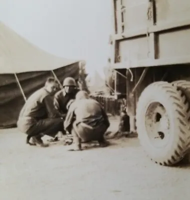 WW2 U.S. Army Soldiers Kneeling By Tent & Military Truck PHOTO WWII  • $7.95
