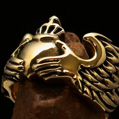 Mens Brass Claddagh Ring Heart And Crown Hands With Wings Size 8 • $24