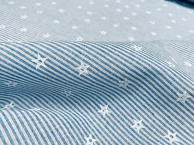 Stars Striped Chambray Cotton Fabric Shirt Dress Curtains 55  Wide - Denim Blue • £0.99