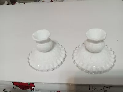 Vintage Milk Glass Candle Stick Holders W/Silver Crest Spanish Lace Pattern • $12