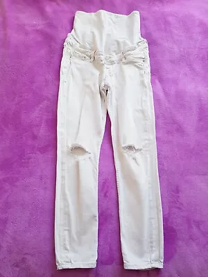 H&M Mama Maternity Size 10/EUR 38 Over Bump Ripped Knee Jeggings - White • £8.50