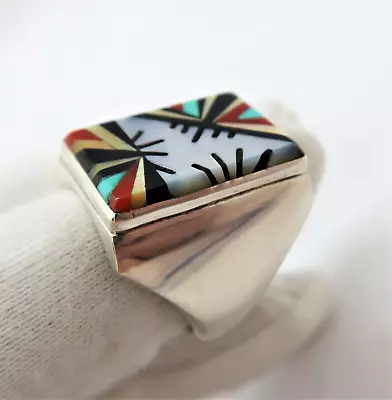 ZUNI Turquoise Coral Onyx Inl STERLING SILVER STUNNING! Size 10.5 MEN'S RING 509 • $183.99