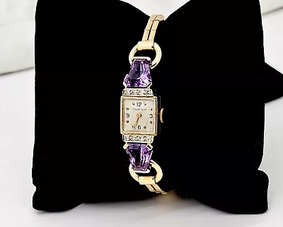 Vintage Tiffany 14k Gold Amethyst Diamonds Bracelet Wristwatchmovado 17jruns • $4750