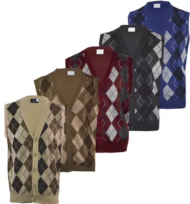 Mens Argyle V-Neck Sleeveless Sweater Button Tank Top Golf Casual Cardigan S-2XL • £13.99