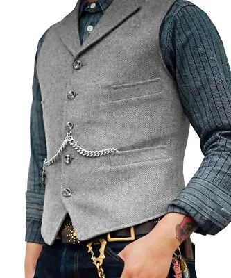 Mens Retro Vests Tweed Waistcoats Vintage Retro Wedding Groom Herringbone Vests • $20.68
