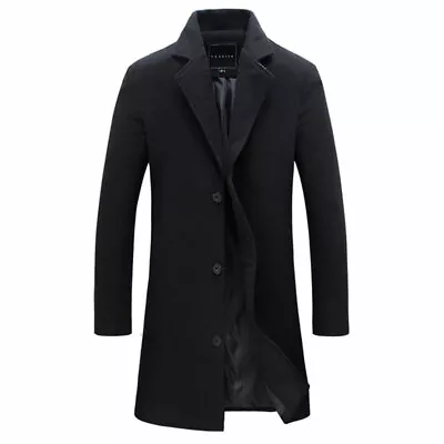 Men Single Breasted Long Jacket Trench Coat Artificia Wool Overcoat Warm ♬ • $21.36