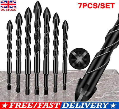 7Pcs 4-Edge Cross Drill Bit Set Masonry Drill Bit Set Hex Shank Drill Bit Set UK • £7.29