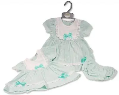 Baby Girls Spanish Romany Bows Dress & Pants Set Mint White Stripes NB - 6M ~abg • £14.95