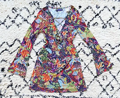 Miss Sixty Y2K Dress Large Psychadelic Print Lace Up 70s Bell Sleeves Mini Soft • £8