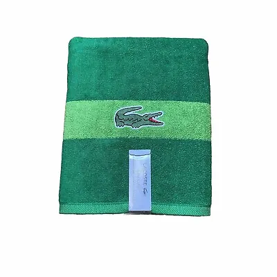 LACOSTE Bath Towel Cotton Loops 30 X 52 In. Green Stripe W Large Crocodile New • £26.56