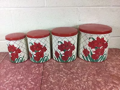 Vintage 1950s Red Flower Floral Iris ?  Kitchen Nesting Tin Canisters DecoWare? • $79.99