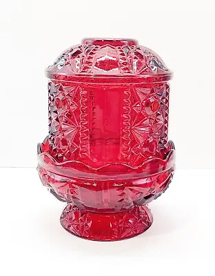 Indiana Glass Stars & Bars Ruby Red Flash Fairy Lamp Candle Holder Vintage 7” • $24.95