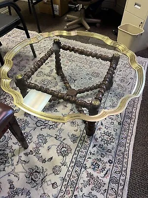 Baker/LaBarge  English Barley Twist Oak Brass Glass Cocktail / Coffee  Table • $1200