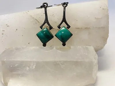 Vintage Sterling Silver Drop Earrings Malachite * Green * Art Deco • $25