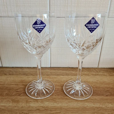 £29.50 • Buy 2 Edinburgh Crystal Tay Cut Pattern Water Large Wine Glasses Stickers Signed