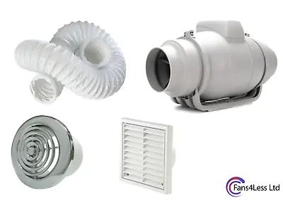 Inline Duct Chrome Grille Duct Kit Bathroom Shower Extractor Timer Fan 4  100mm • £63.99