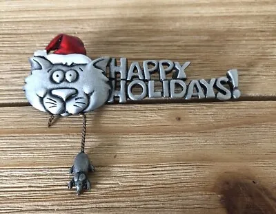 $7.99 • Buy Vintage Jonette Jewelry Pewter Christmas Cat With Mouse Happy Holidays Brooch