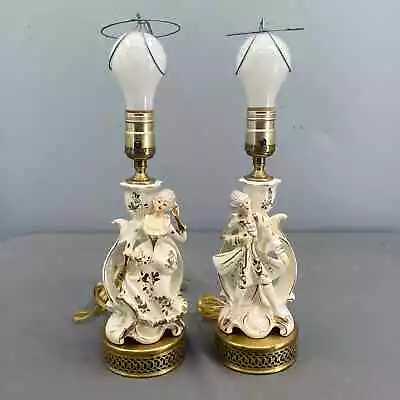 VTG Porcelain Victorian Figurine Candlestick Lamp Set MCM Table Lamp Brass 12  • $58.50