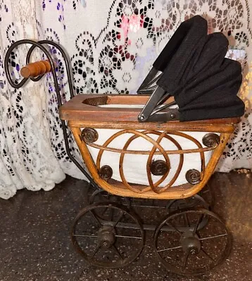 Vtg  Baby Carriage Doll Buggy Victorian Wood Metal Deco Figurine Antique Pram • $38.99