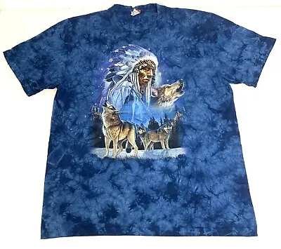 Rock Eagle Native American Wolf Graphic Print Blue Tie Dye T-Shirt Size 2XL • £14.99