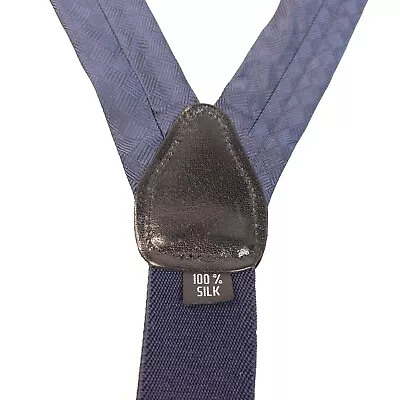 Vintage Mens Suspenders Blue Silk Adjustable Leather Button Loops 1 1/4  England • $25